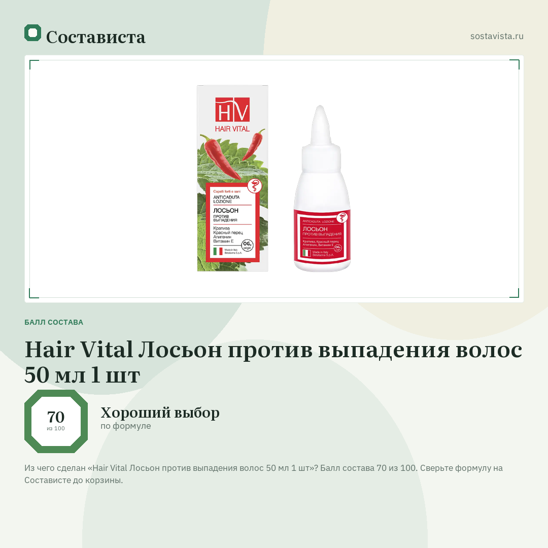Hair Vital Лосьон против выпадения волос 50 мл 1 шт: балл состава 70 из 100 — Состависта