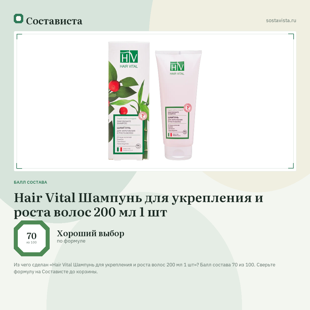 Hair Vital Шампунь для укрепления и роста волос 200 мл 1 шт: балл состава 70 из 100 — Состависта
