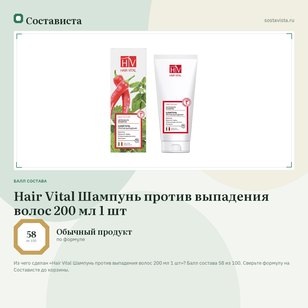 Hair Vital Шампунь против выпадения волос 200 мл 1 шт: балл состава 58 из 100 — Состависта