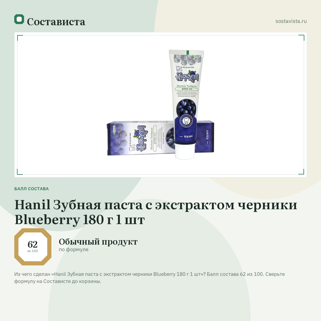Hanil Зубная паста с экстрактом черники Blueberry 180 г 1 шт: балл состава 62 из 100 — Состависта