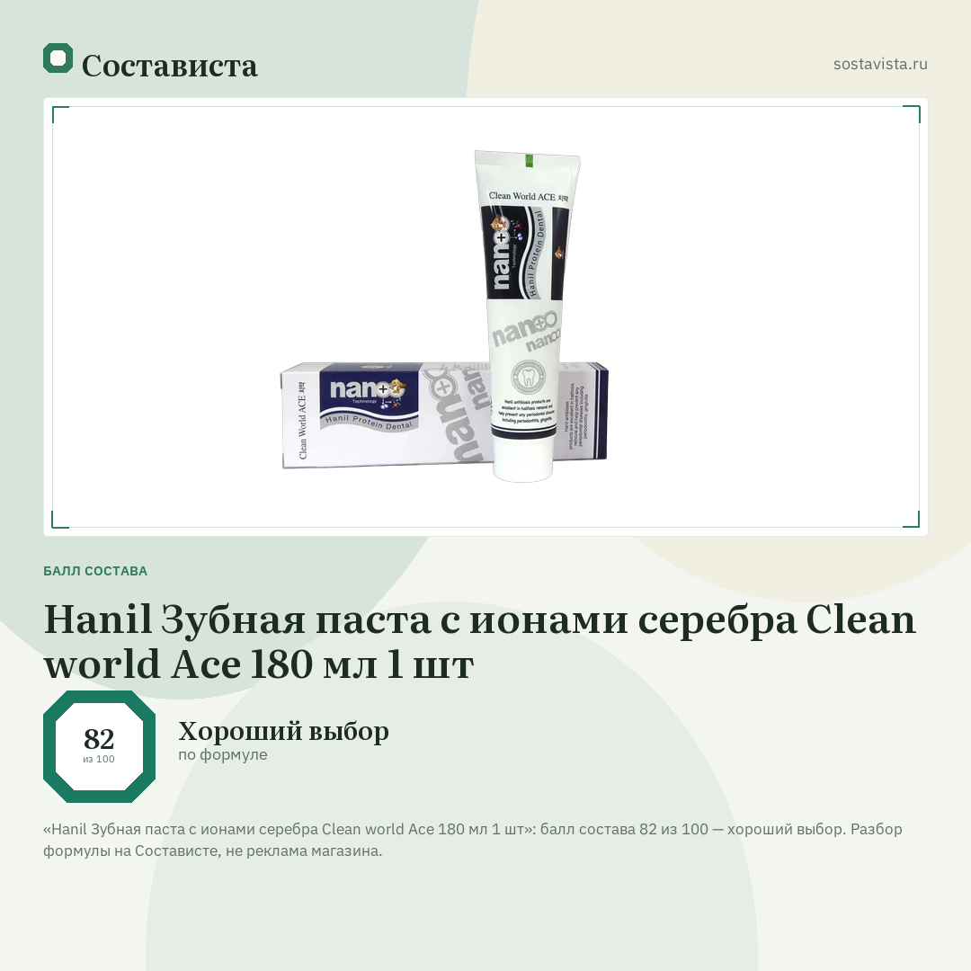 Hanil Зубная паста с ионами серебра Clean world Ace 180 мл 1 шт: балл состава 82 из 100 — Состависта
