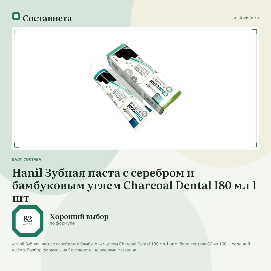 Hanil Зубная паста с серебром и бамбуковым углем Charcoal Dental 180 мл 1 шт: балл состава 82 из 100 — Состависта