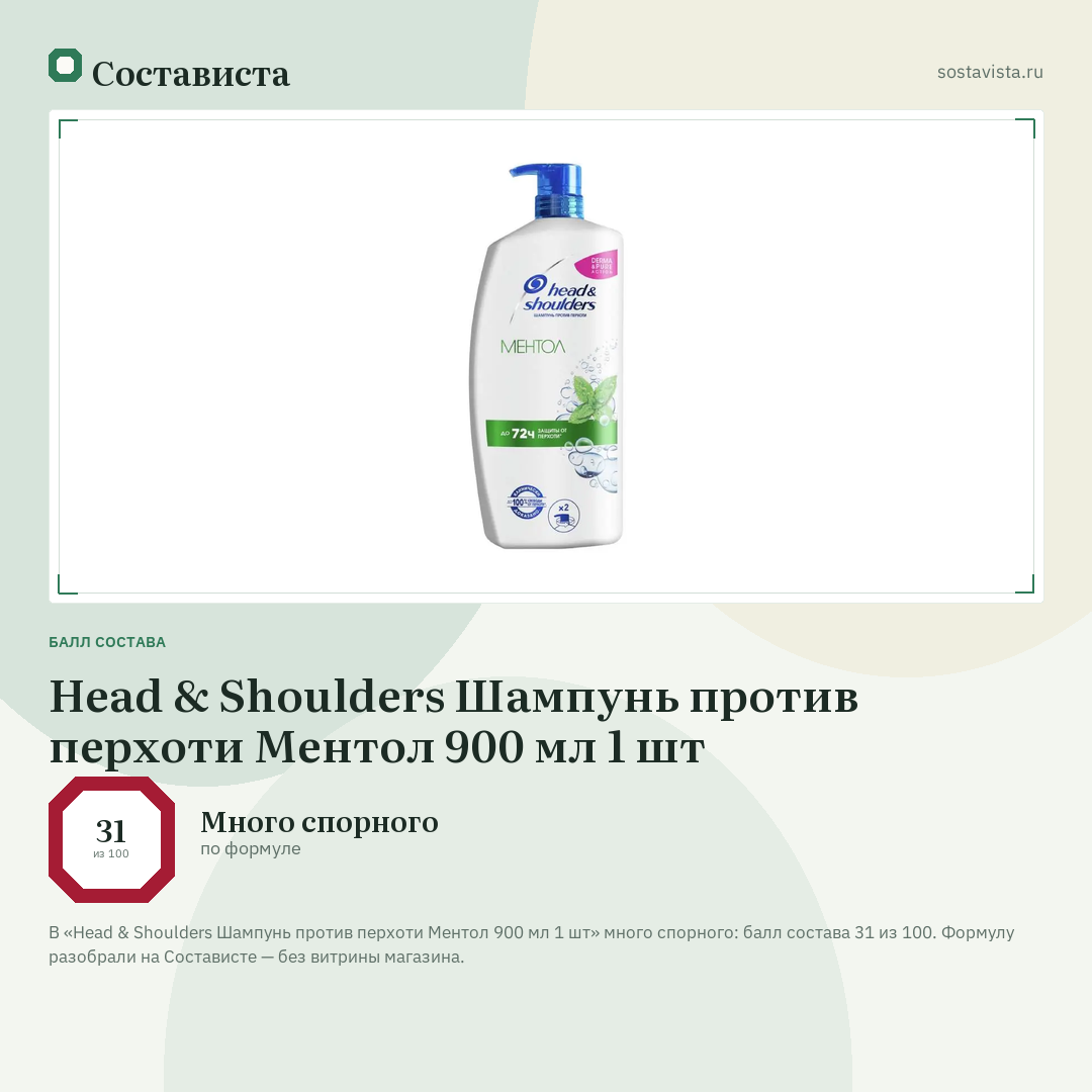 Head & Shoulders Шампунь против перхоти Ментол 900 мл 1 шт: балл состава 31 из 100 — Состависта