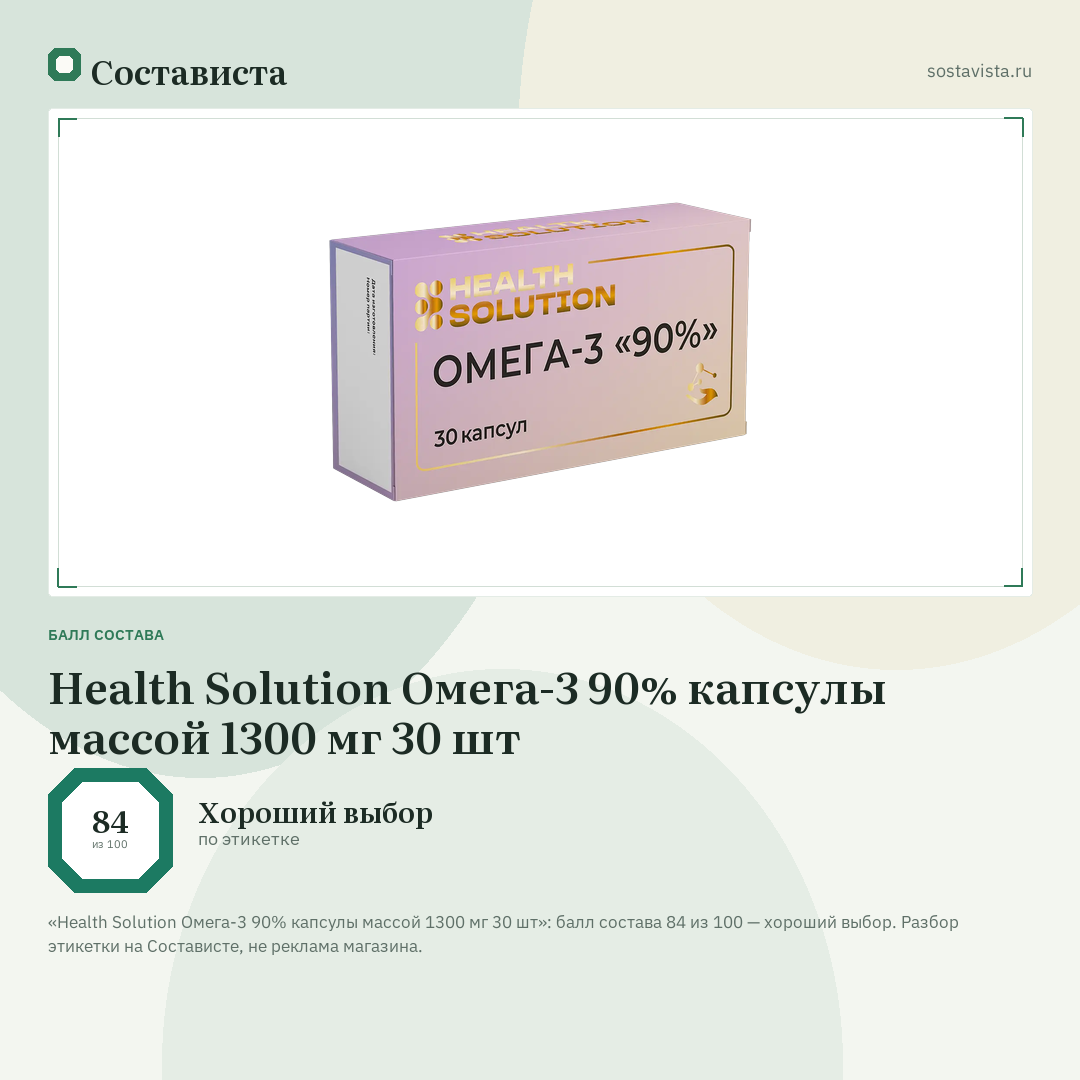 Health Solution Омега-3 90% капсулы массой 1300 мг 30 шт: балл состава 84 из 100 — Состависта