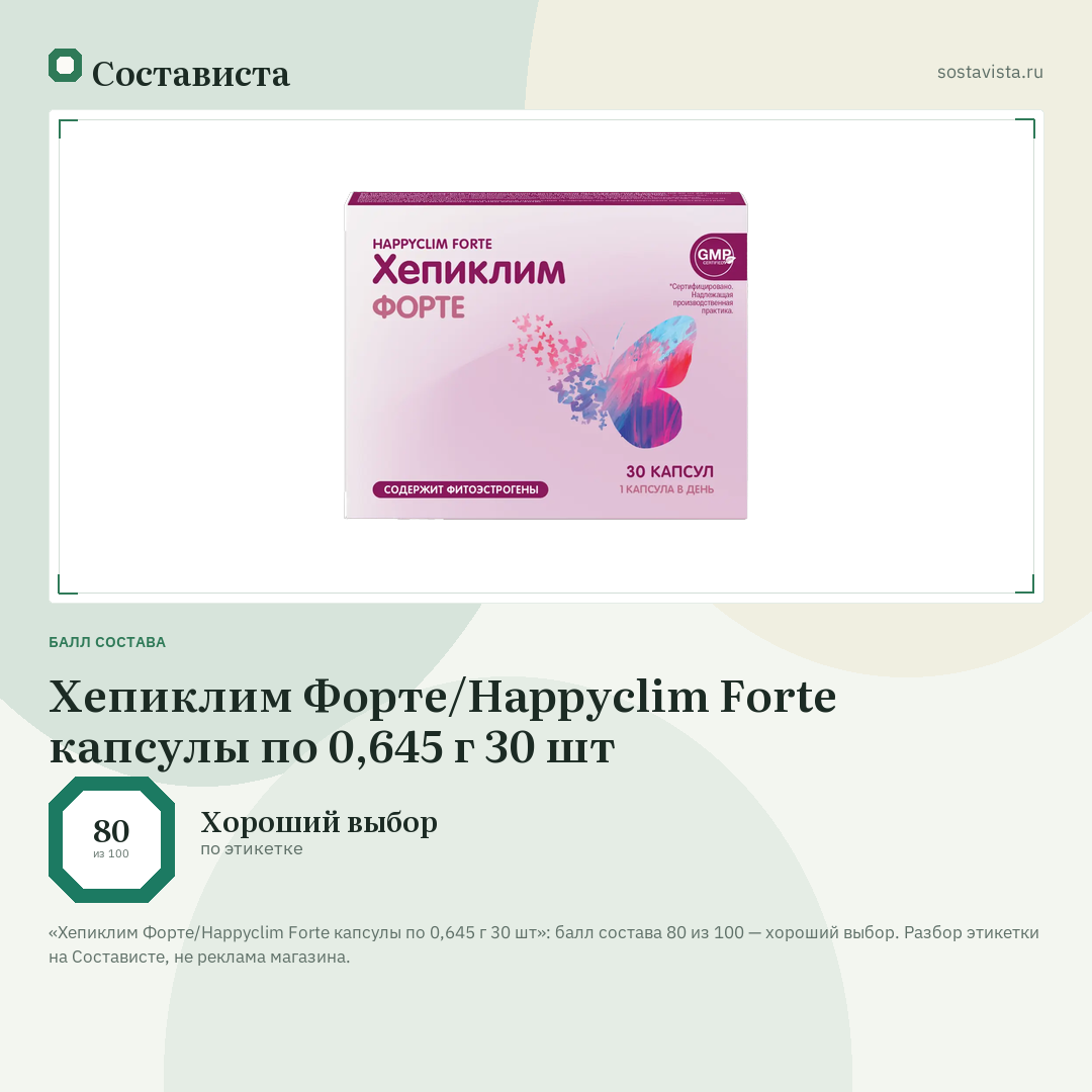 Хепиклим Форте/Happyclim Forte капсулы по 0,645 г 30 шт: балл состава 80 из 100 — Состависта