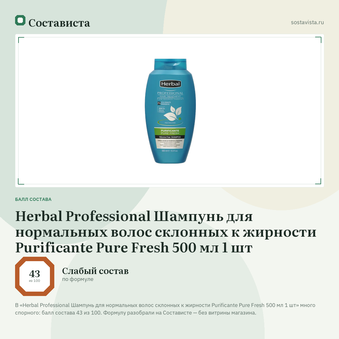 Herbal Professional Шампунь для нормальных волос склонных к жирности Purificante Pure Fresh 500 мл 1 шт: балл состава 43 из 100 — Состависта