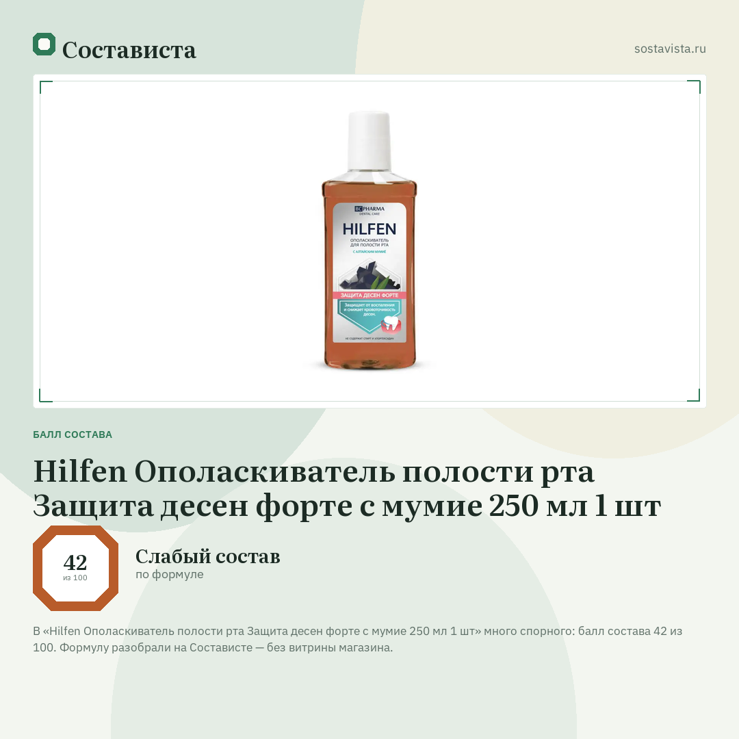Hilfen Ополаскиватель полости рта Защита десен форте с мумие 250 мл 1 шт: балл состава 42 из 100 — Состависта
