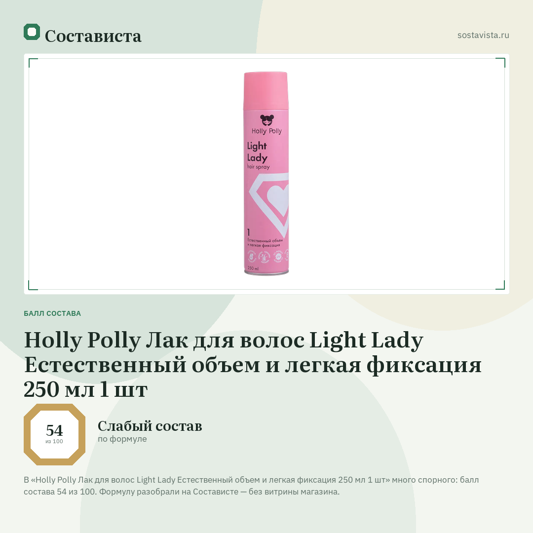 Holly Polly Лак для волос Light Lady Естественный объем и легкая фиксация 250 мл 1 шт: балл состава 54 из 100 — Состависта