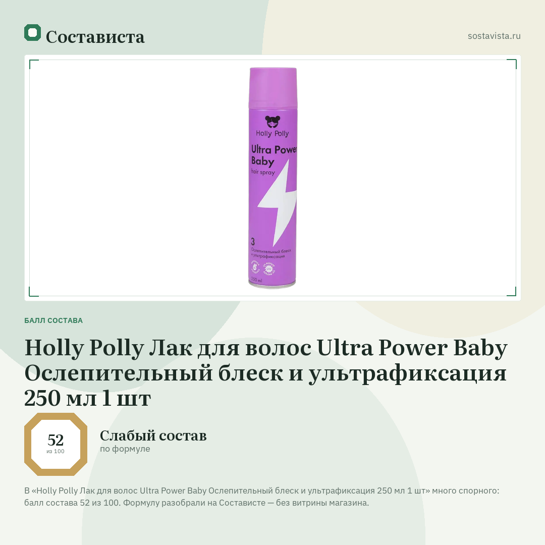 Holly Polly Лак для волос Ultra Power Baby Ослепительный блеск и ультрафиксация 250 мл 1 шт: балл состава 52 из 100 — Состависта