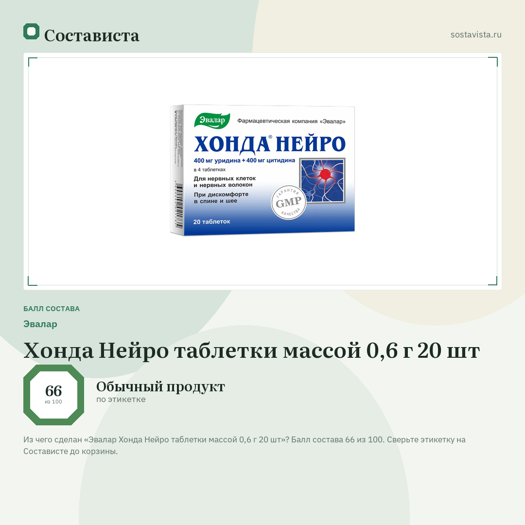 Эвалар Хонда Нейро таблетки массой 0,6 г 20 шт: балл состава 66 из 100 — Состависта