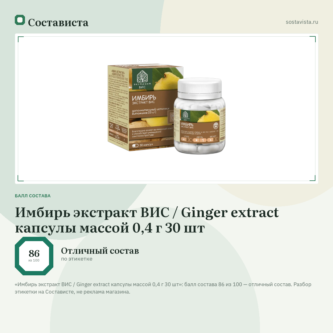 Имбирь экстракт ВИС / Ginger extract капсулы массой 0,4 г 30 шт: балл состава 86 из 100 — Состависта