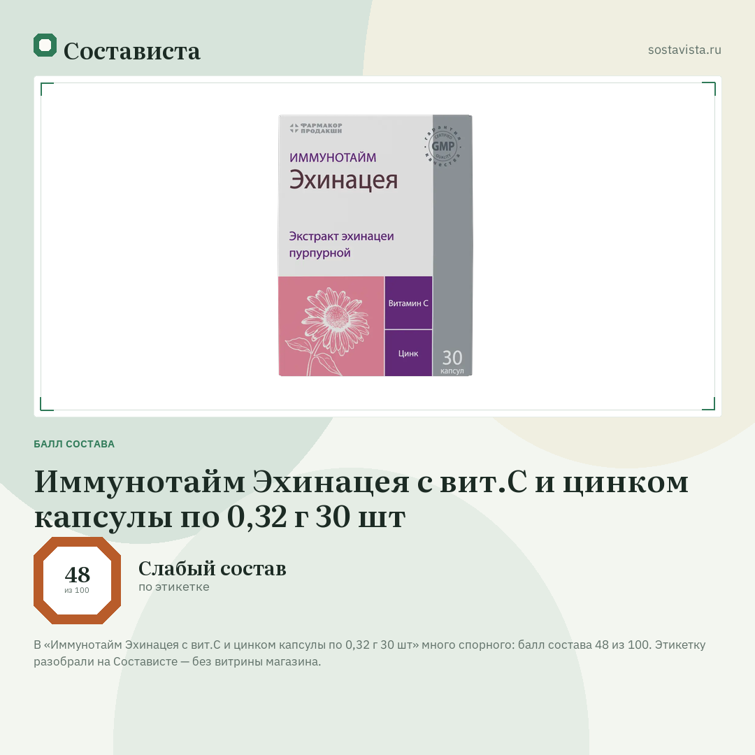 Иммунотайм Эхинацея с вит.С и цинком капсулы по 0,32 г 30 шт: балл состава 48 из 100 — Состависта