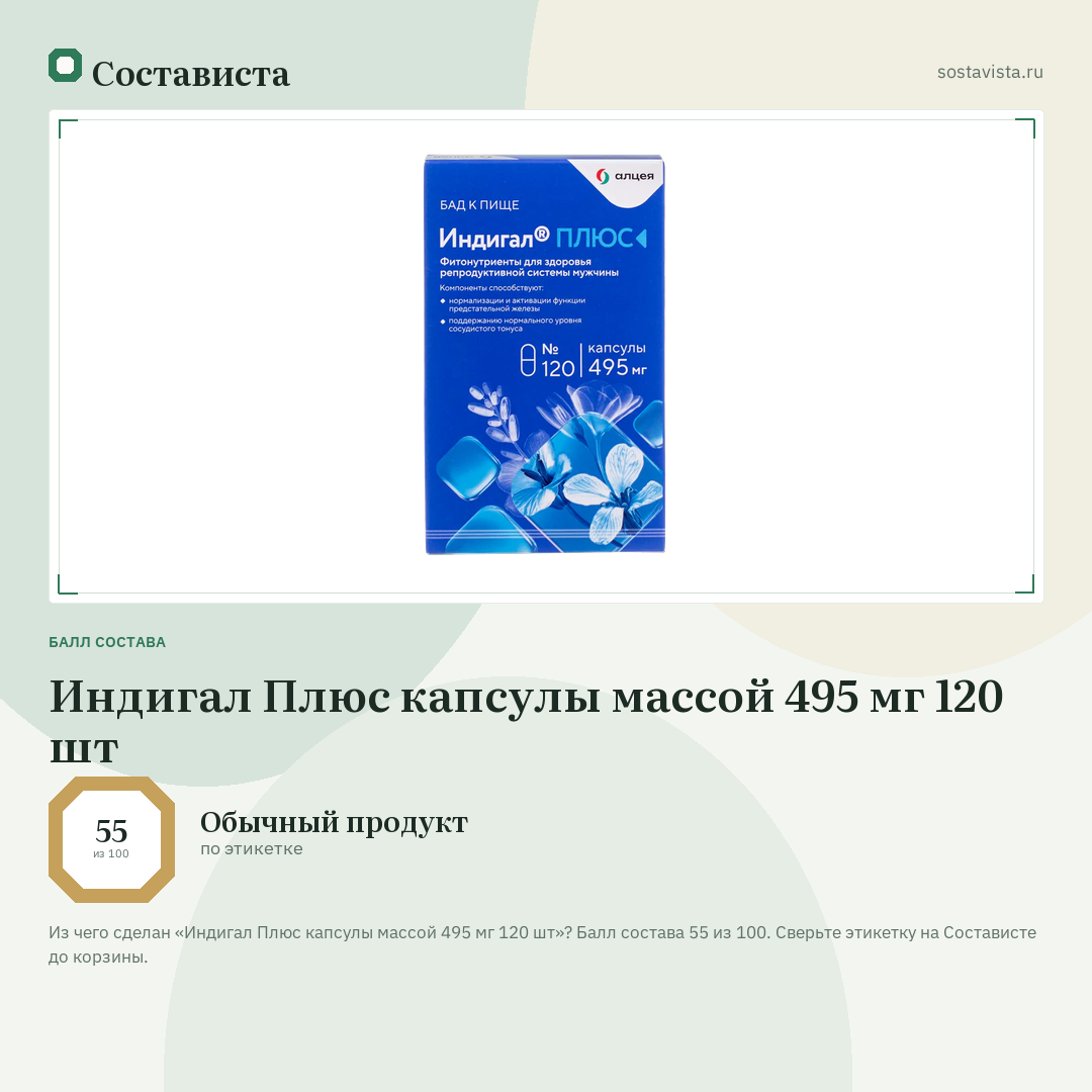 Индигал Плюс капсулы массой 495 мг 120 шт: балл состава 55 из 100 — Состависта