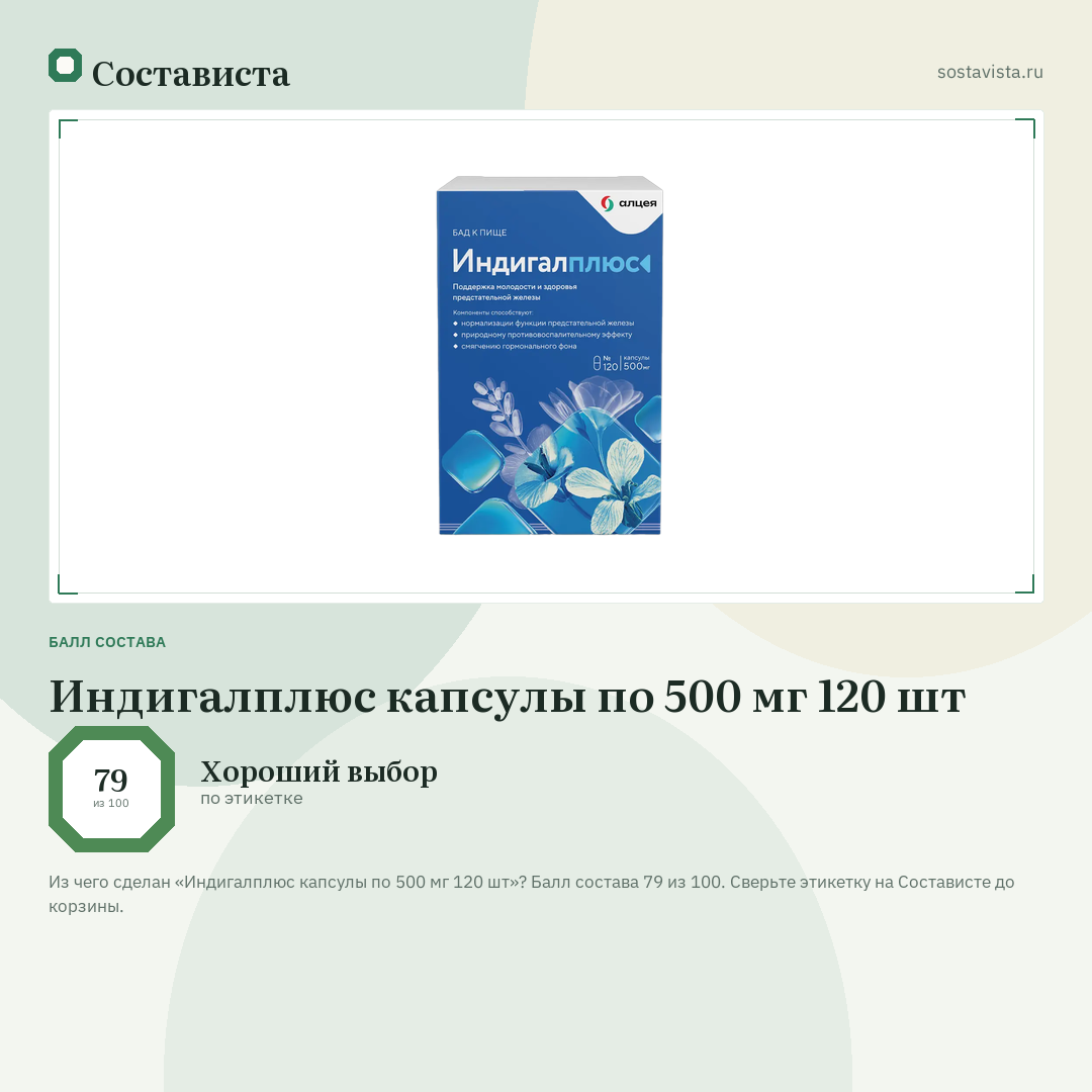 Индигалплюс капсулы по 500 мг 120 шт: балл состава 79 из 100 — Состависта