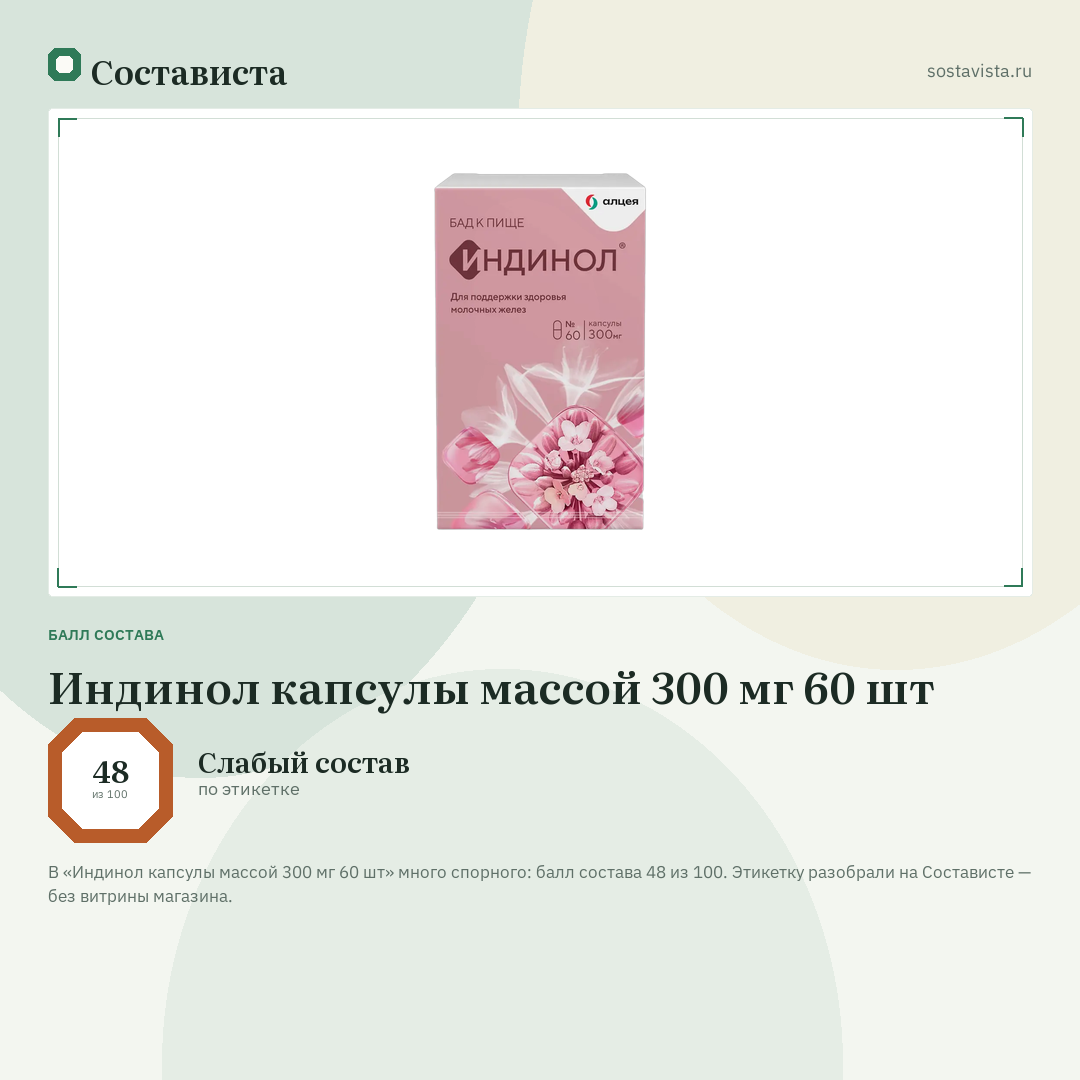 Индинол капсулы массой 300 мг 60 шт: балл состава 48 из 100 — Состависта