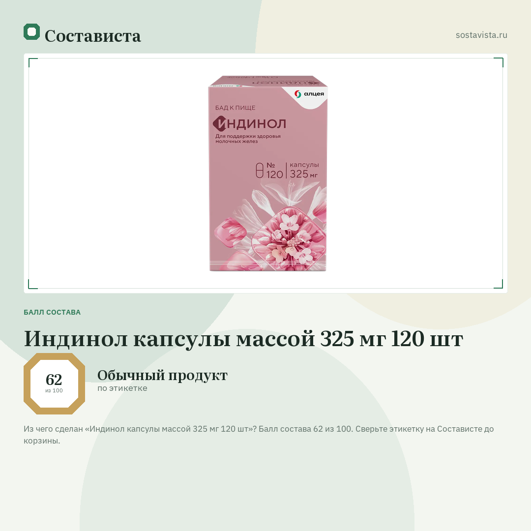 Индинол капсулы массой 325 мг 120 шт: балл состава 62 из 100 — Состависта