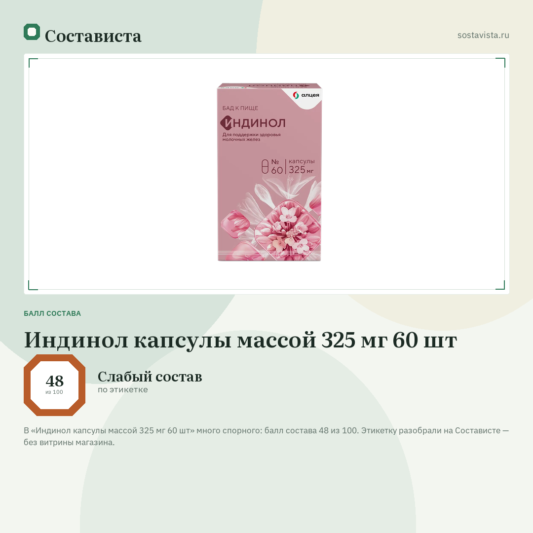 Индинол капсулы массой 325 мг 60 шт: балл состава 48 из 100 — Состависта