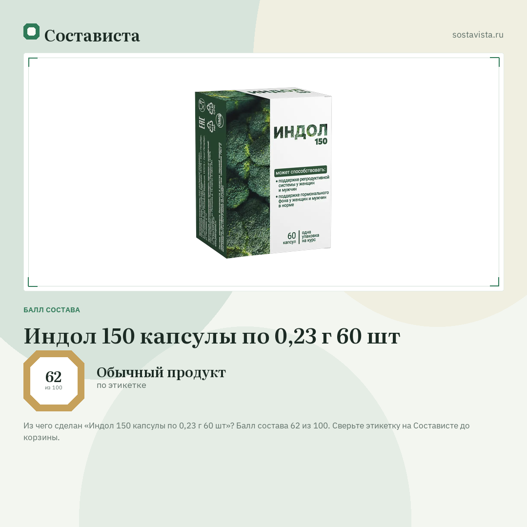 Индол 150 капсулы по 0,23 г 60 шт: балл состава 62 из 100 — Состависта
