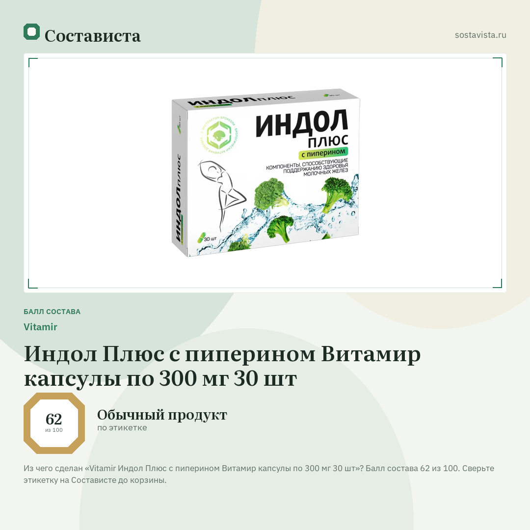 Vitamir Индол Плюс с пиперином Витамир капсулы по 300 мг 30 шт: балл состава 62 из 100 — Состависта
