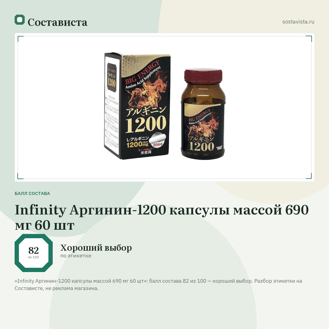 Infinity Аргинин-1200 капсулы массой 690 мг 60 шт: балл состава 82 из 100 — Состависта