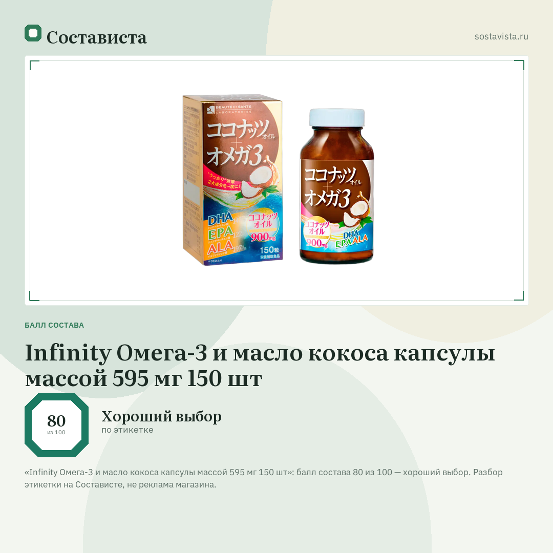 Infinity Омега-3 и масло кокоса капсулы массой 595 мг 150 шт: балл состава 80 из 100 — Состависта