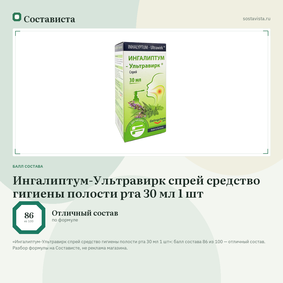 Ингалиптум-Ультравирк спрей средство гигиены полости рта 30 мл 1 шт: балл состава 86 из 100 — Состависта