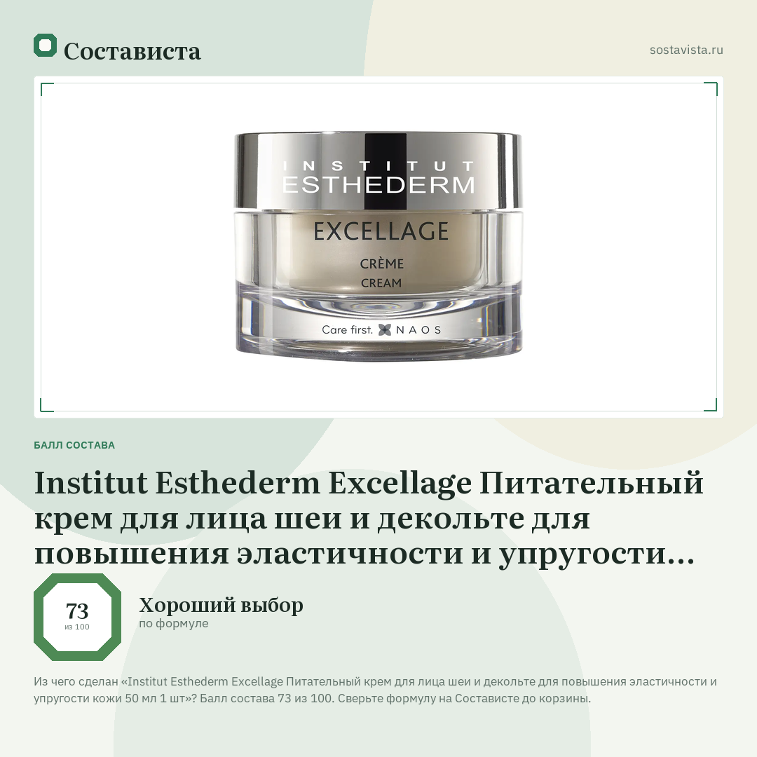 Institut Esthederm Excellage Питательный крем для лица шеи и декольте для повышения эластичности и упругости кожи 50 мл 1 шт: балл состава 73 из 100 — Состависта
