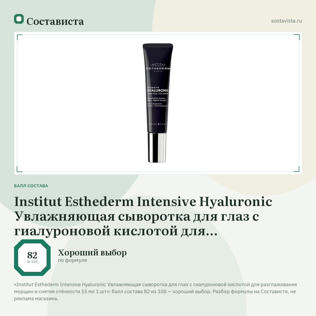 Institut Esthederm Intensive Hyaluronic Увлажняющая сыворотка для глаз с гиалуроновой кислотой для разглаживания морщин и снятия отёчности 15 мл 1 шт: балл состава 82 из 100 — Состависта
