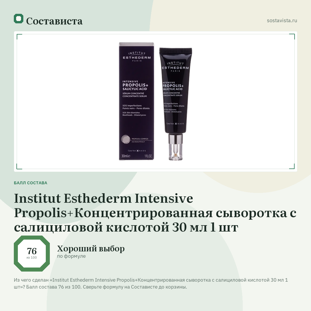 Institut Esthederm Intensive Propolis+Концентрированная сыворотка с салициловой кислотой 30 мл 1 шт: балл состава 76 из 100 — Состависта
