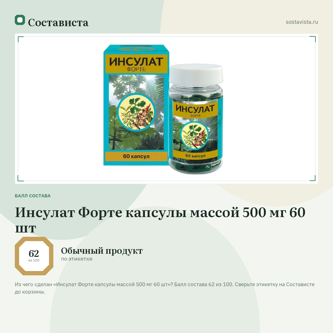 Инсулат Форте капсулы массой 500 мг 60 шт: балл состава 62 из 100 — Состависта