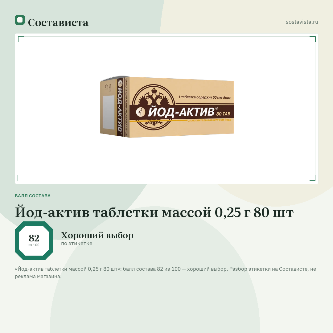 Йод-актив таблетки массой 0,25 г 80 шт: балл состава 82 из 100 — Состависта