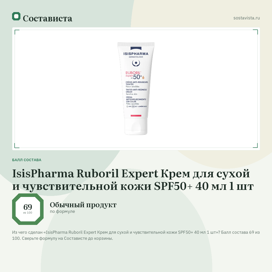 IsisPharma Ruboril Expert Крем для сухой и чувствительной кожи SPF50+ 40 мл 1 шт: балл состава 69 из 100 — Состависта
