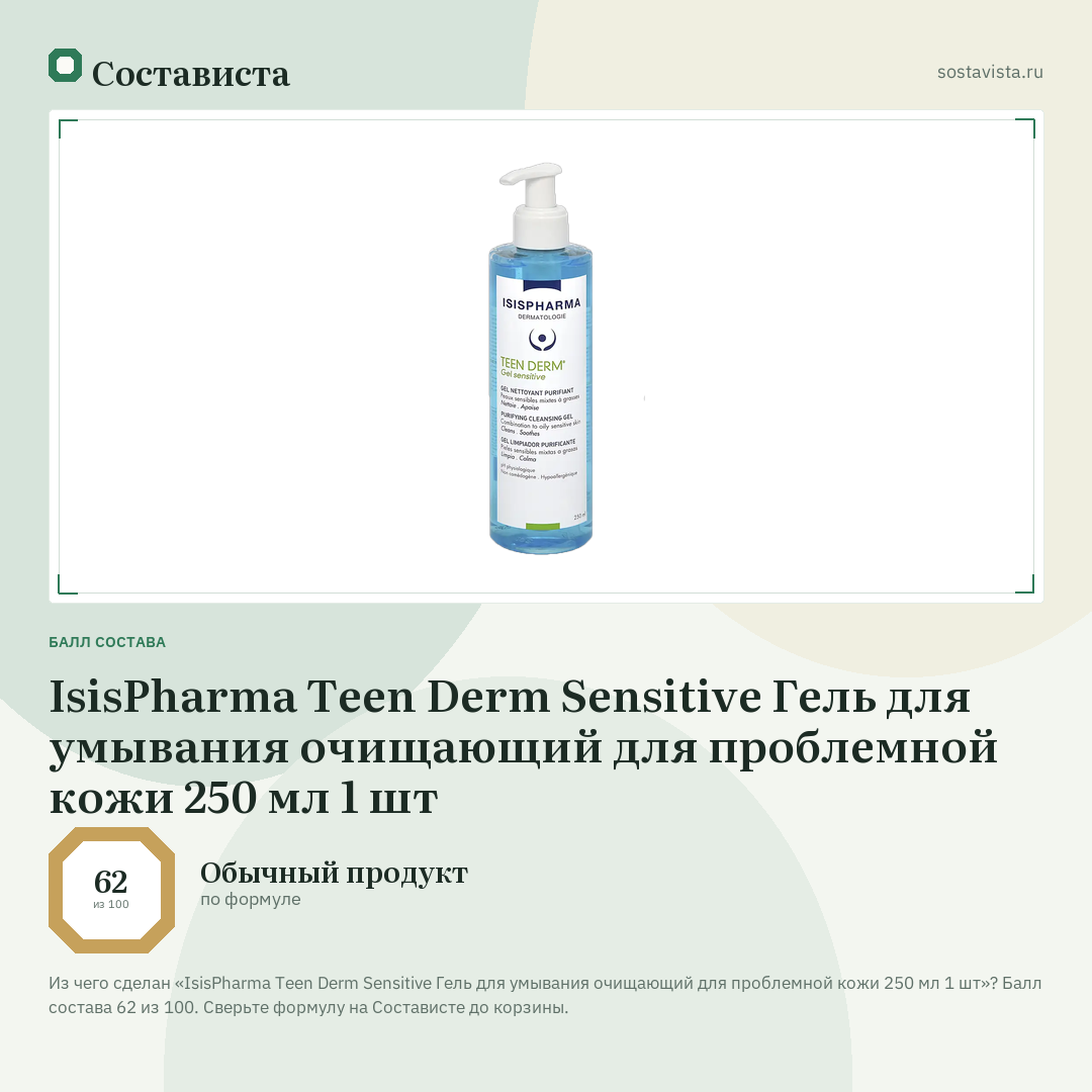 IsisPharma Teen Derm Sensitive Гель для умывания очищающий для проблемной кожи 250 мл 1 шт: балл состава 62 из 100 — Состависта
