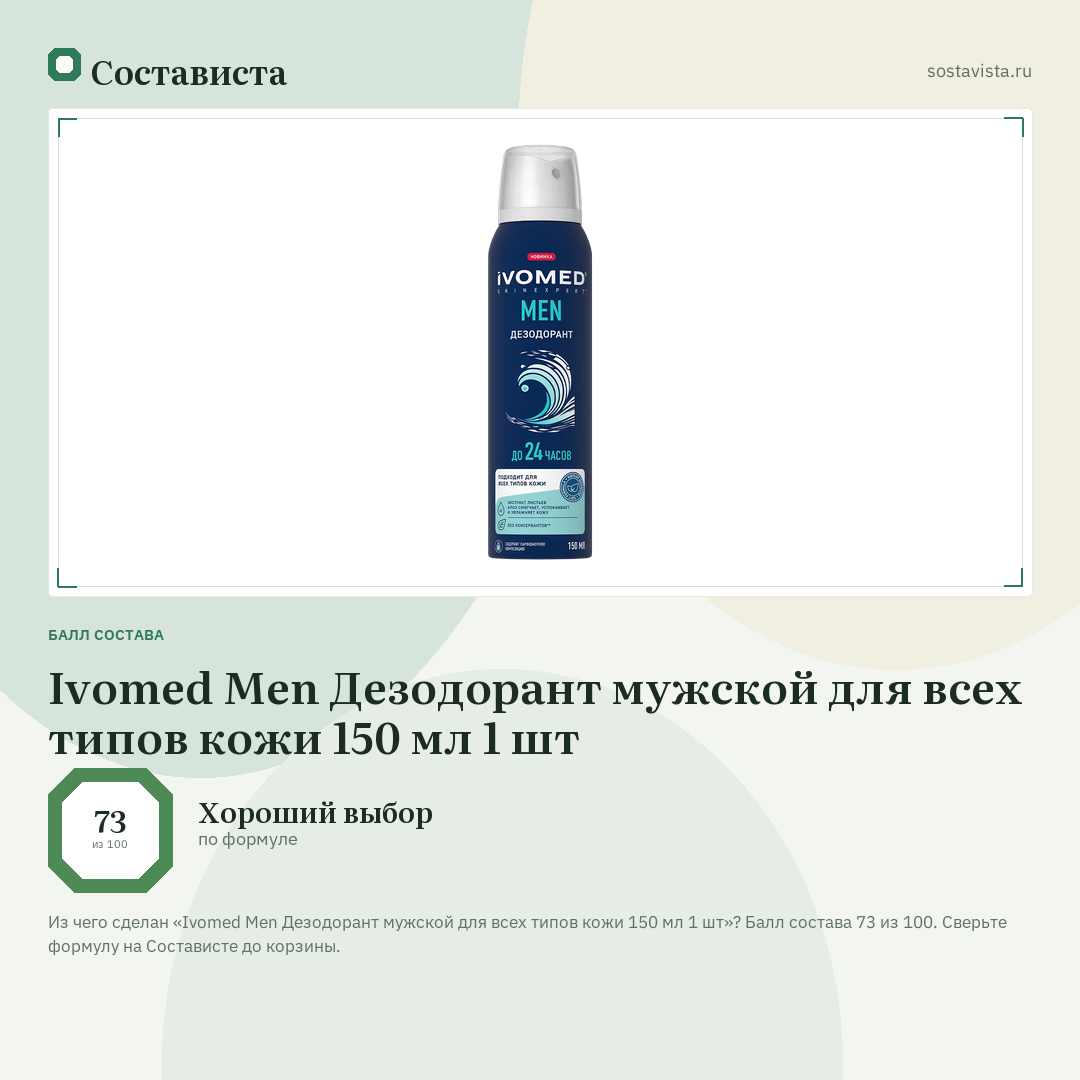 Ivomed Men Дезодорант мужской для всех типов кожи 150 мл 1 шт: балл состава 73 из 100 — Состависта