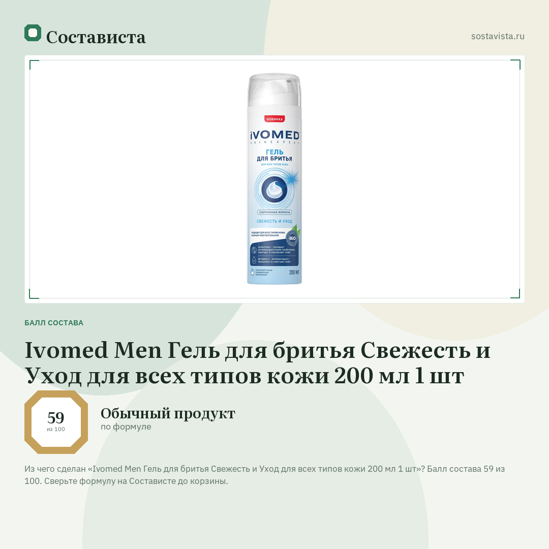 Ivomed Men Гель для бритья Свежесть и Уход для всех типов кожи 200 мл 1 шт: балл состава 59 из 100 — Состависта