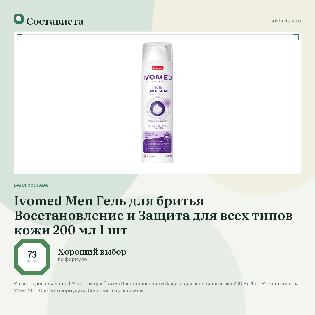 Ivomed Men Гель для бритья Восстановление и Защита для всех типов кожи 200 мл 1 шт: балл состава 73 из 100 — Состависта