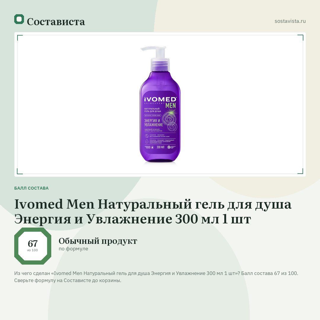 Ivomed Men Натуральный гель для душа Энергия и Увлажнение 300 мл 1 шт: балл состава 67 из 100 — Состависта