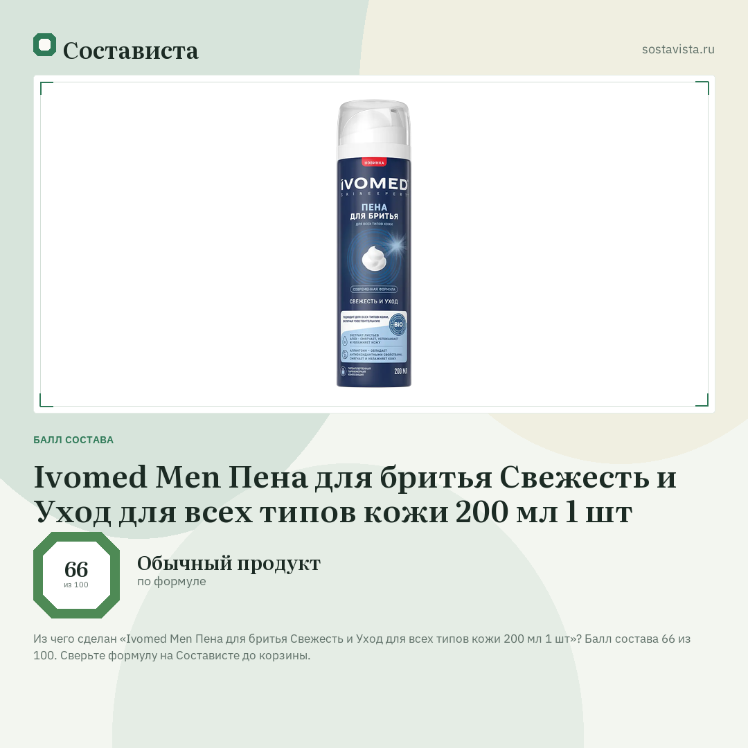 Ivomed Men Пена для бритья Свежесть и Уход для всех типов кожи 200 мл 1 шт: балл состава 66 из 100 — Состависта