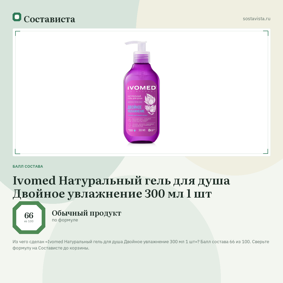 Ivomed Натуральный гель для душа Двойное увлажнение 300 мл 1 шт: балл состава 66 из 100 — Состависта