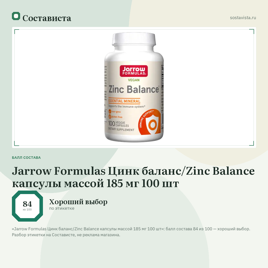Jarrow Formulas Цинк баланс/Zinc Balance капсулы массой 185 мг 100 шт: балл состава 84 из 100 — Состависта