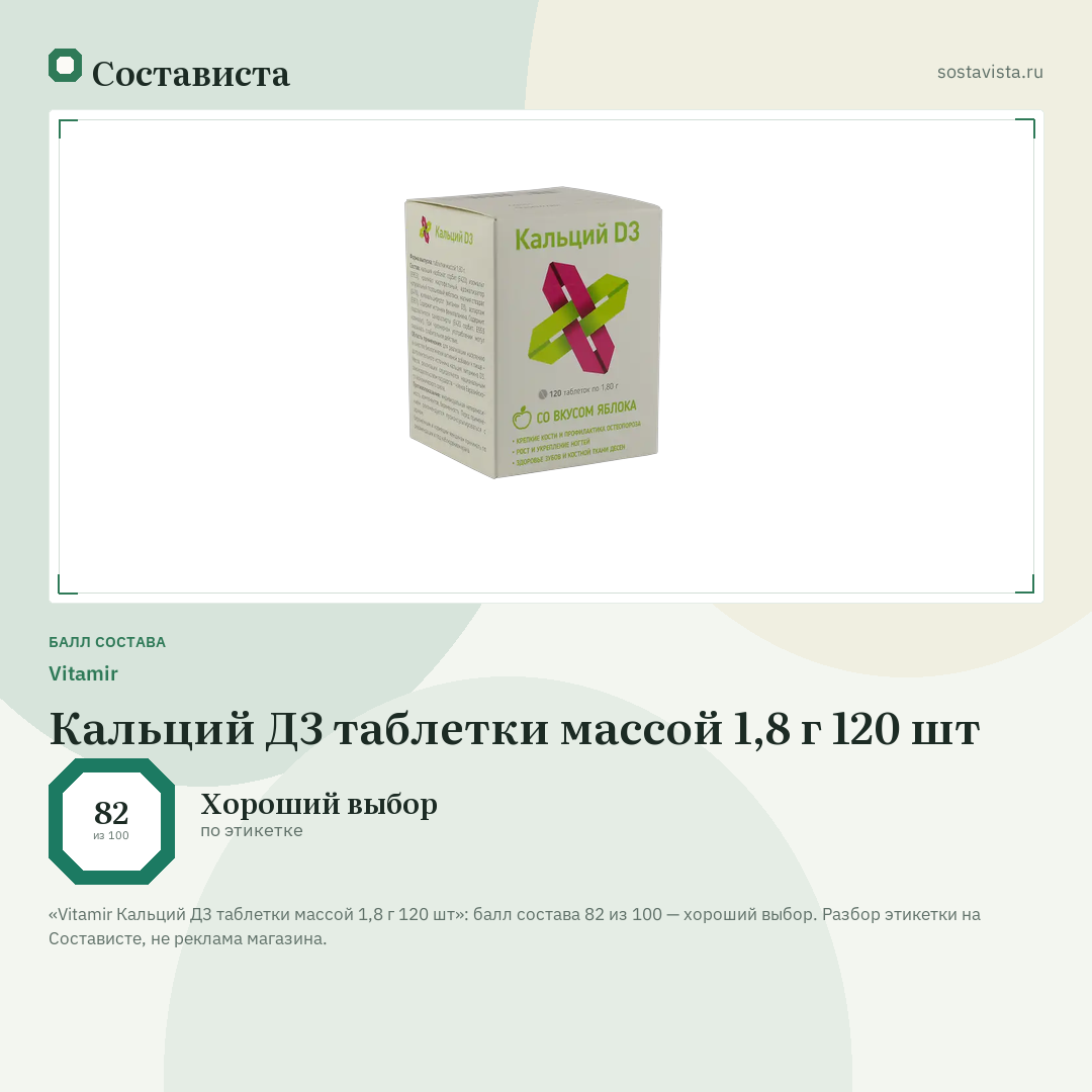 Vitamir Кальций Д3 таблетки массой 1,8 г 120 шт: балл состава 82 из 100 — Состависта