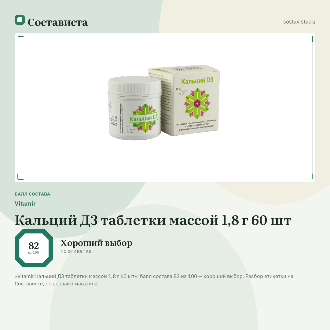 Vitamir Кальций Д3 таблетки массой 1,8 г 60 шт: балл состава 82 из 100 — Состависта