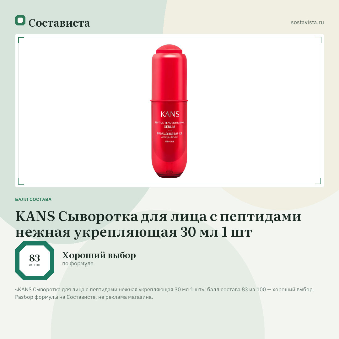 KANS Сыворотка для лица с пептидами нежная укрепляющая 30 мл 1 шт: балл состава 83 из 100 — Состависта
