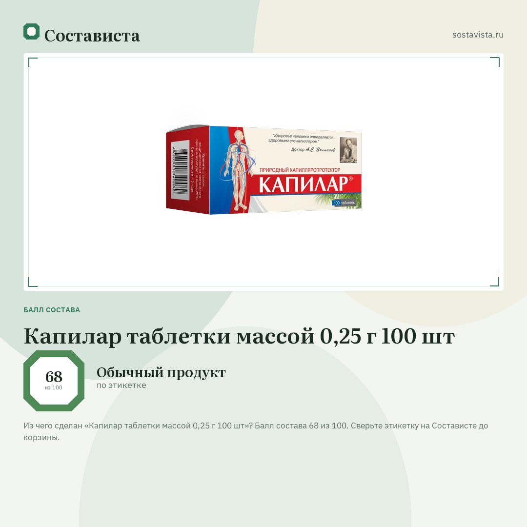 Капилар таблетки массой 0,25 г 100 шт: балл состава 68 из 100 — Состависта