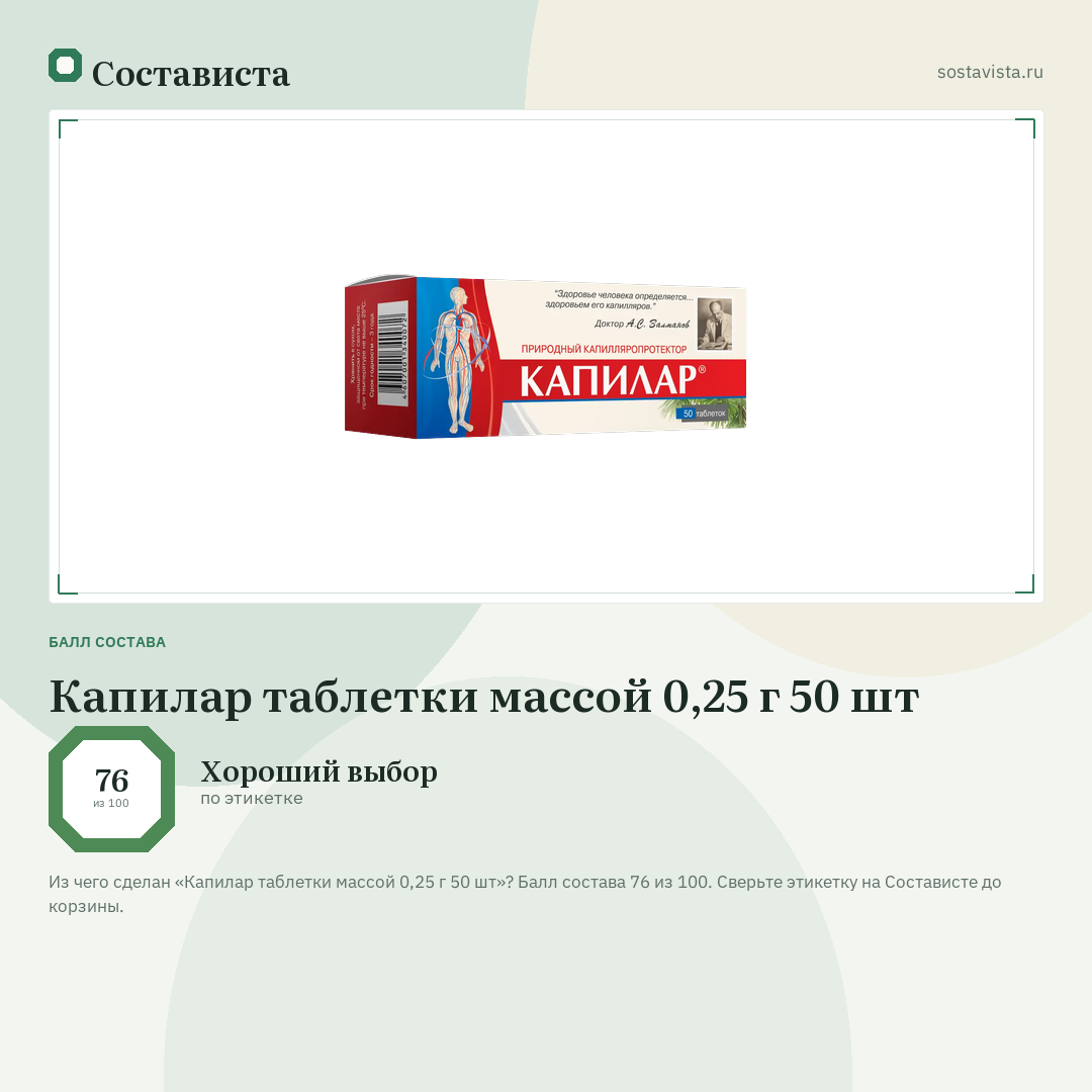 Капилар таблетки массой 0,25 г 50 шт: балл состава 76 из 100 — Состависта