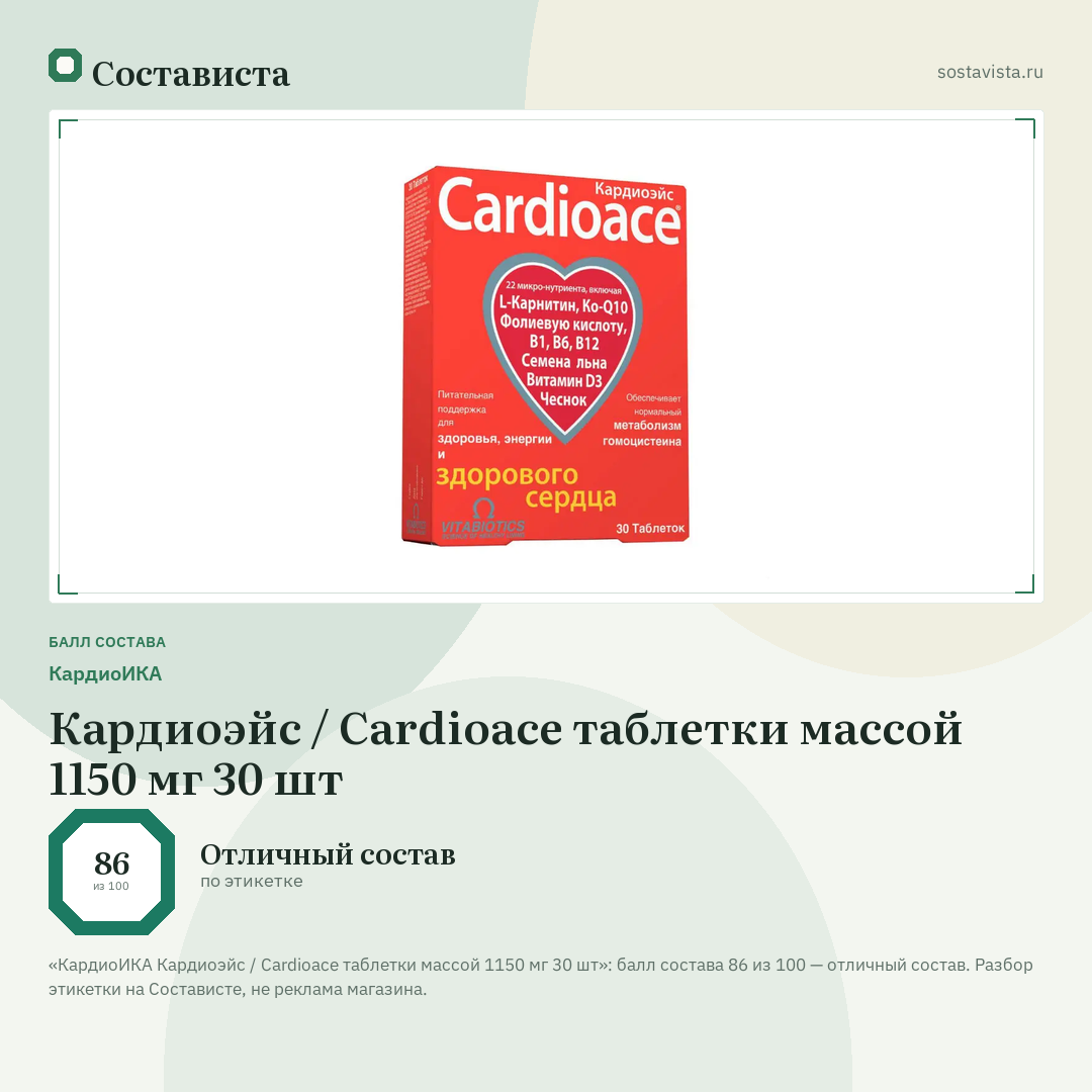 КардиоИКА Кардиоэйс / Cardioace таблетки массой 1150 мг 30 шт: балл состава 86 из 100 — Состависта