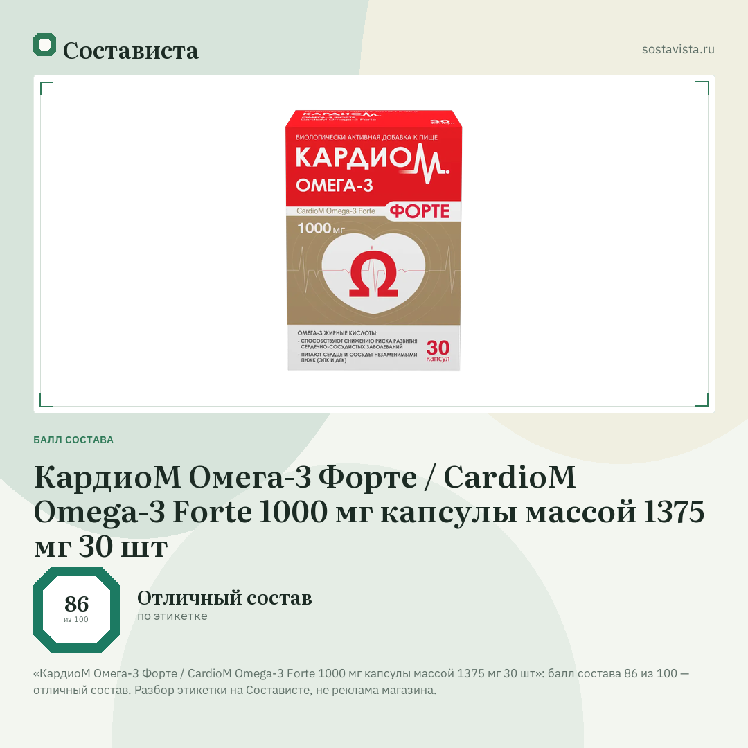 КардиоМ Омега-3 Форте / CardioM Omega-3 Forte 1000 мг капсулы массой 1375 мг 30 шт: балл состава 86 из 100 — Состависта
