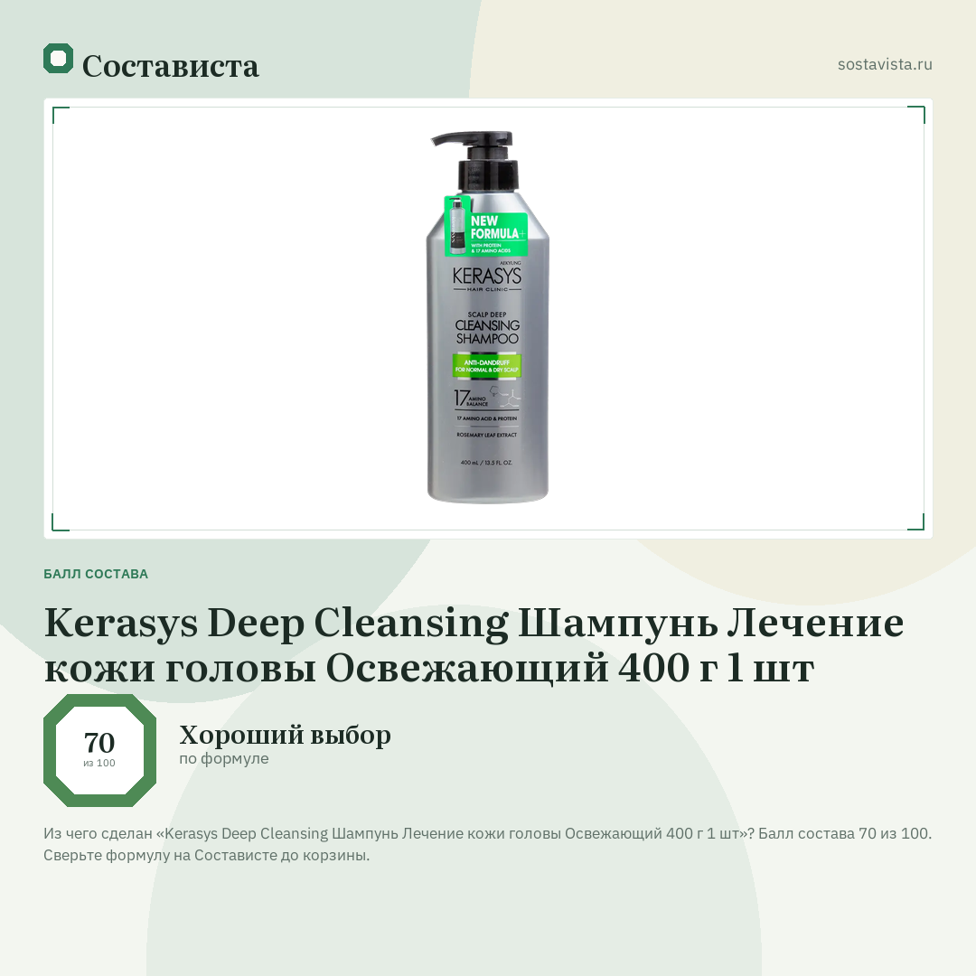 Kerasys Deep Cleansing Шампунь Лечение кожи головы Освежающий 400 г 1 шт: балл состава 70 из 100 — Состависта