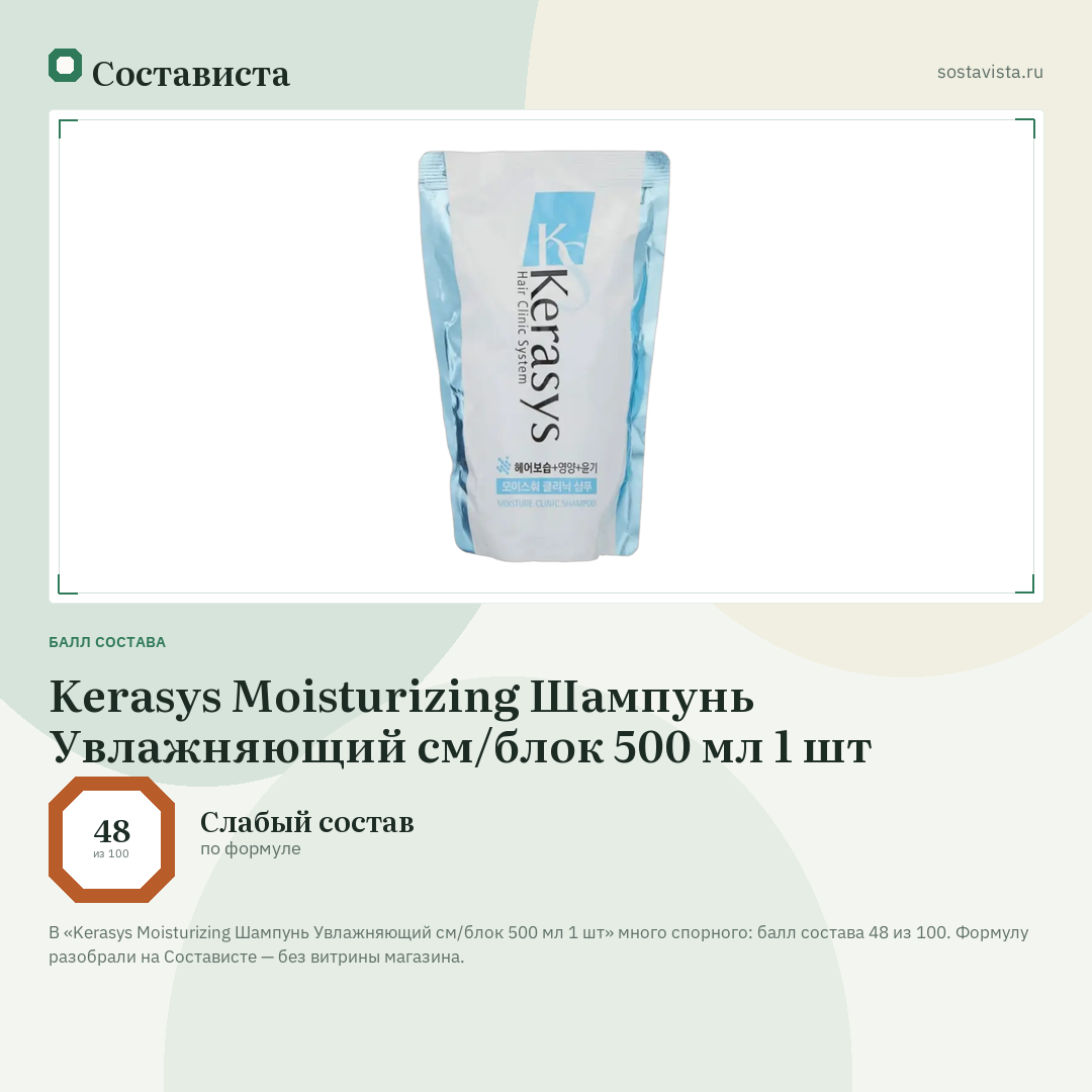 Kerasys Moisturizing Шампунь Увлажняющий см/блок 500 мл 1 шт: балл состава 48 из 100 — Состависта