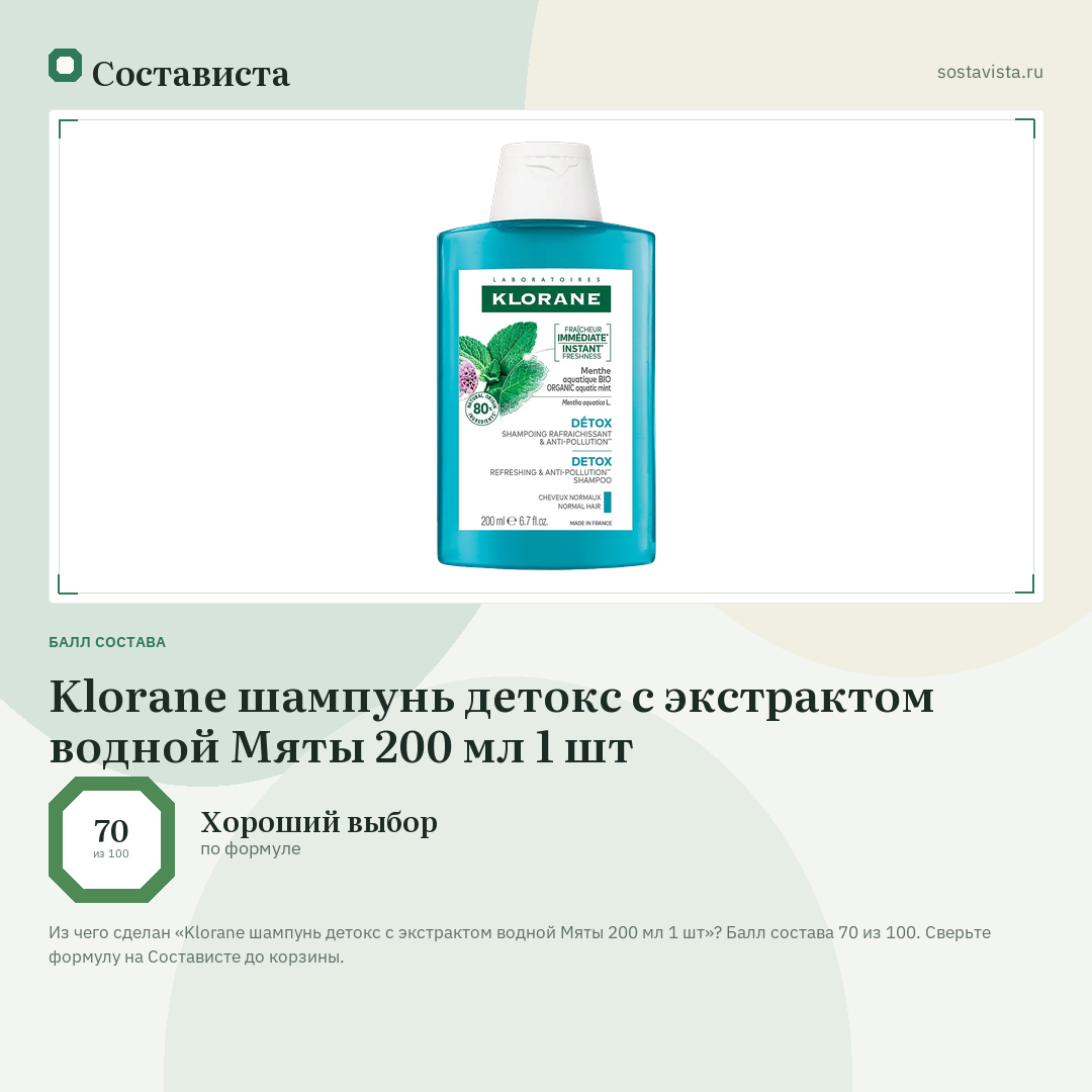 Klorane шампунь детокс с экстрактом водной Мяты 200 мл 1 шт: балл состава 70 из 100 — Состависта